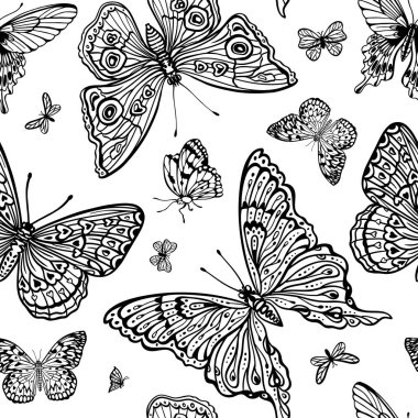 Açık iş siyah ve beyaz kelebeklerin kusursuz deseni, kumaş, ambalaj kağıdı ve diğer tasarımlar için baskı