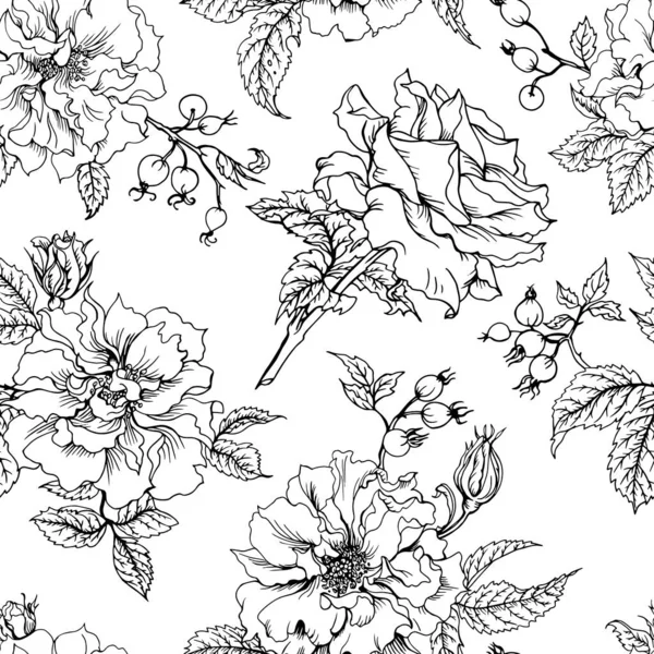 Seamless Pattern Roses Twigs Black White Vector Illustration Print Fabric — Stock Vector