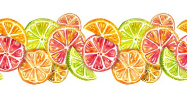 Yeşil zemin üzerinde turunçgil (mandalina, limon, portakal) dilimlerinden pürüzsüz sınır, kumaş üzerine baskı, çeşitli tasarımlar için arka plan