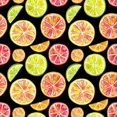 Siyah bir zemin üzerinde turuncu, limon, mandalina, kireç gibi pürüzsüz turunçgil dilimleri deseni, suluboya çizimi, kumaş için baskı, çeşitli tasarımlar için arka plan.