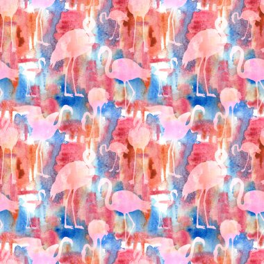 Suluboya lekeleri ve mercanlarda flamingo siluetleri olan kusursuz desenler. Pembe ve turkuaz renkler. Kumaş ve kuşlu diğer yüzeyler için hayvani soyut baskı.