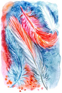 Mavi arkaplanda flamingo tüyleri, etkileyici bir şekilde suluboya resim, poster, tebrik kartı, kapak, tekstil ve diğer tasarımlar için baskı.