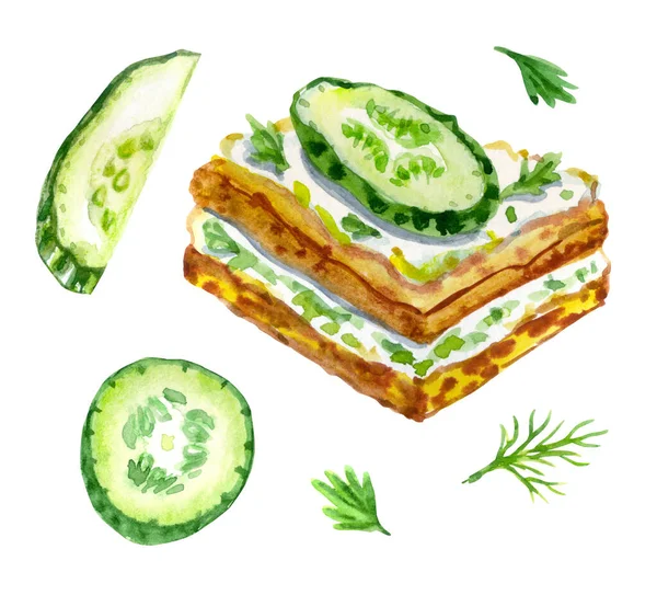 Sanduíche Pepino Ingredientes Ilustração Aquarela Fundo Branco Com Alimentos Impressão — Fotografia de Stock