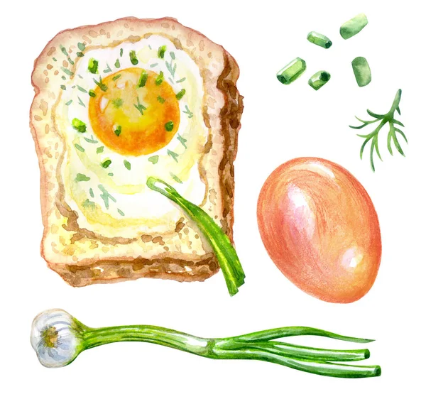 Sandwich Con Huevos Fritos Cebollas Ilustración Acuarela Sobre Fondo Blanco — Foto de Stock