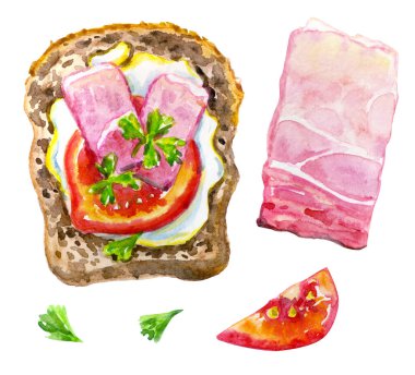 Jambonlu, domatesli ve otlu sandviç. Beyaz arkaplanlı suluboya resimleme, yemek, poster, menü, kitap illüstrasyonu vb..
