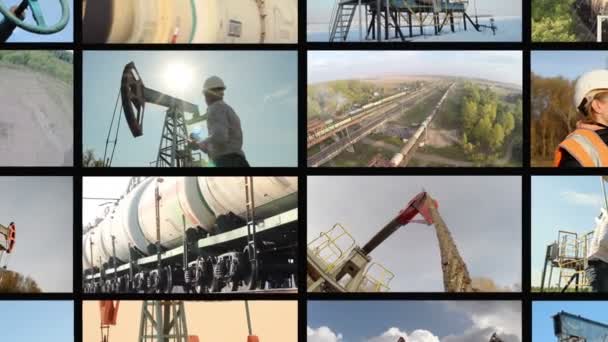 Industria petrolera. Montaje de pantalla dividida. Balancines de aceite Bomba, ingenieros — Vídeo de stock