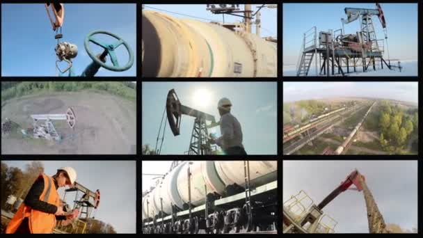 Industria petrolera. Montaje de pantalla dividida. Balancines de aceite Bomba, ingenieros — Vídeo de stock