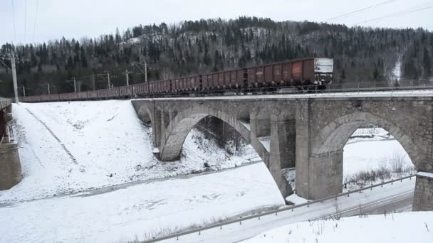 Vintage Stein Gewölbte Eisenbahnbrücke Und Zug — Stockvideo