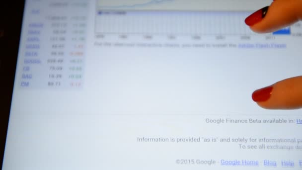 Eine Frau betrachtet eine Grafik von s & p500 auf Google Finance. — Stockvideo