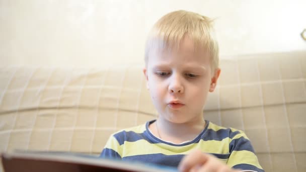 Menino 5 anos lendo um livro em casa no sofá — Vídeo de Stock