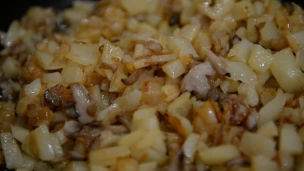 Gebakken aardappelen met champignons in een koekenpan — Stockvideo