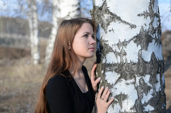 Langhaarige Mädchen in einem russischen Birkenwald, Nahaufnahme — Stockfoto