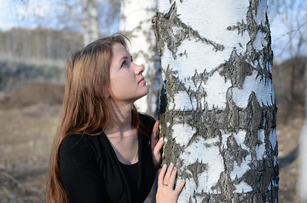 Ragazza dai capelli lunghi in una foresta di betulle russa, primo piano — Foto Stock