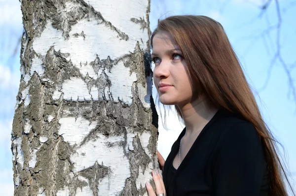 Menina de cabelos longos em uma floresta de vidoeiro russo, close-up — Fotografia de Stock