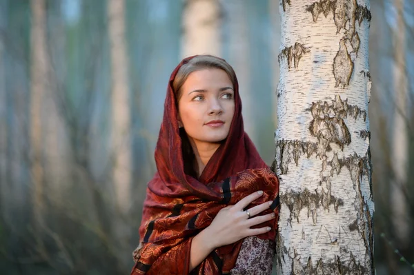 Russisches Mädchen in einem Schal in einem Birkenwald, Nahaufnahme — Stockfoto