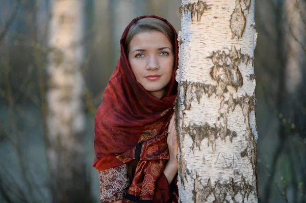 Ragazza russa in una sciarpa in una foresta di betulle, primo piano — Foto Stock