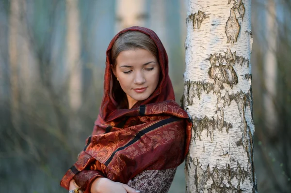 Російська дівчина в шарф у Ліс берези, Закри — стокове фото