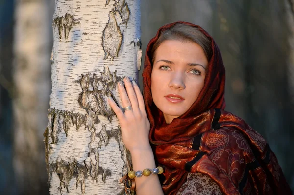 Russian girl in a scarf in a birch forest, close-up Royalty Free Stock Photos