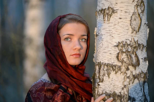 Menina russa em um lenço em uma floresta de vidoeiro, close-up — Fotografia de Stock