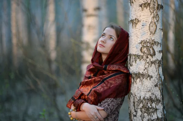 Ragazza russa in una sciarpa in una foresta di betulle, primo piano — Foto Stock