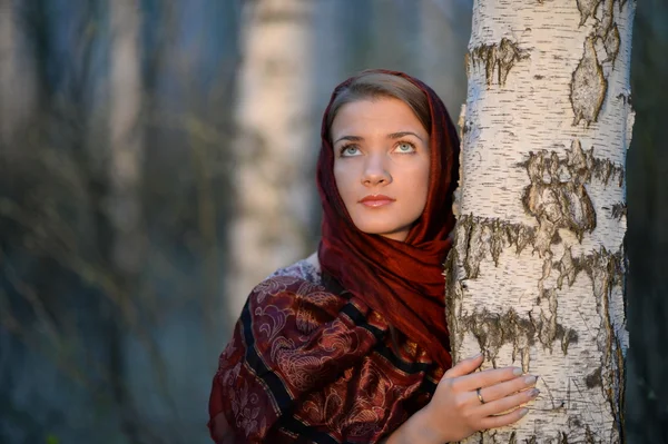 Russian girl in a scarf in a birch forest, close-up Stock Picture