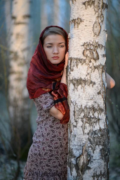 Orosz lány egy sálat, nyír erdőben, közelkép — Stock Fotó