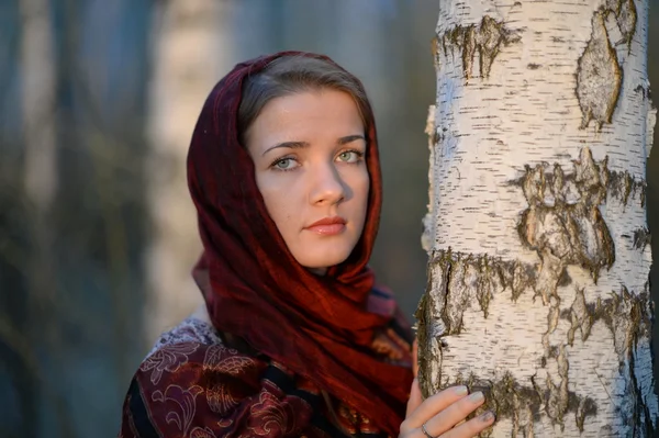 Menina russa em um lenço em uma floresta de vidoeiro — Fotografia de Stock