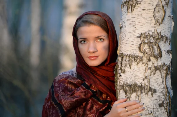 Русская девушка в шарфе в березовом лесу — стоковое фото