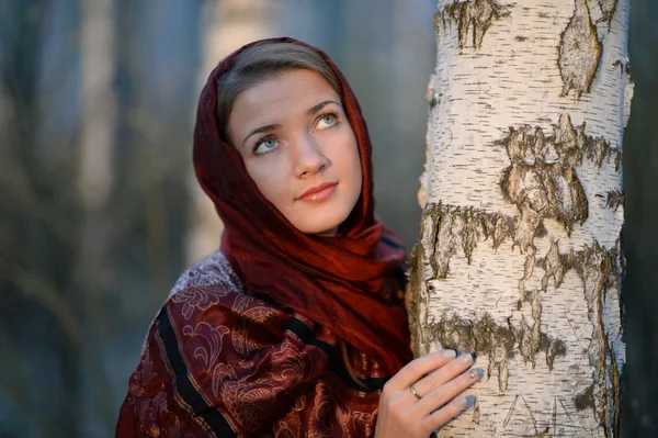 Menina russa em um lenço em uma floresta de vidoeiro — Fotografia de Stock