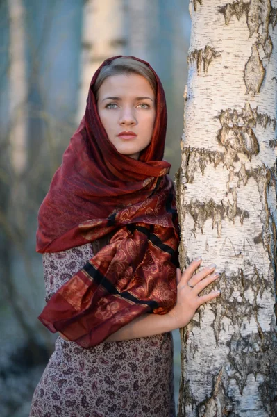 Ragazza russa in una sciarpa in una foresta di betulle — Foto Stock