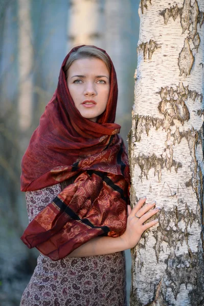 Ragazza russa in una sciarpa in una foresta di betulle — Foto Stock