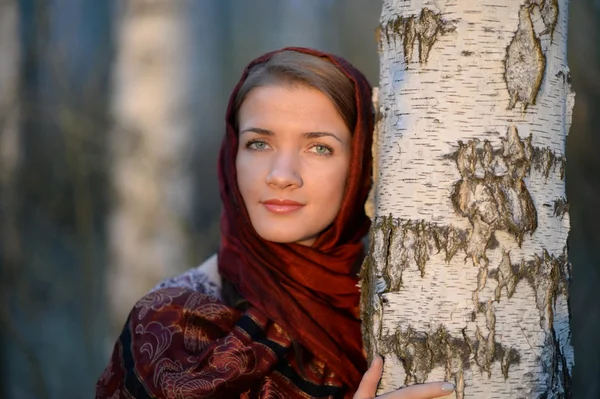 Russian girl in a scarf in a birch forest Stock Picture
