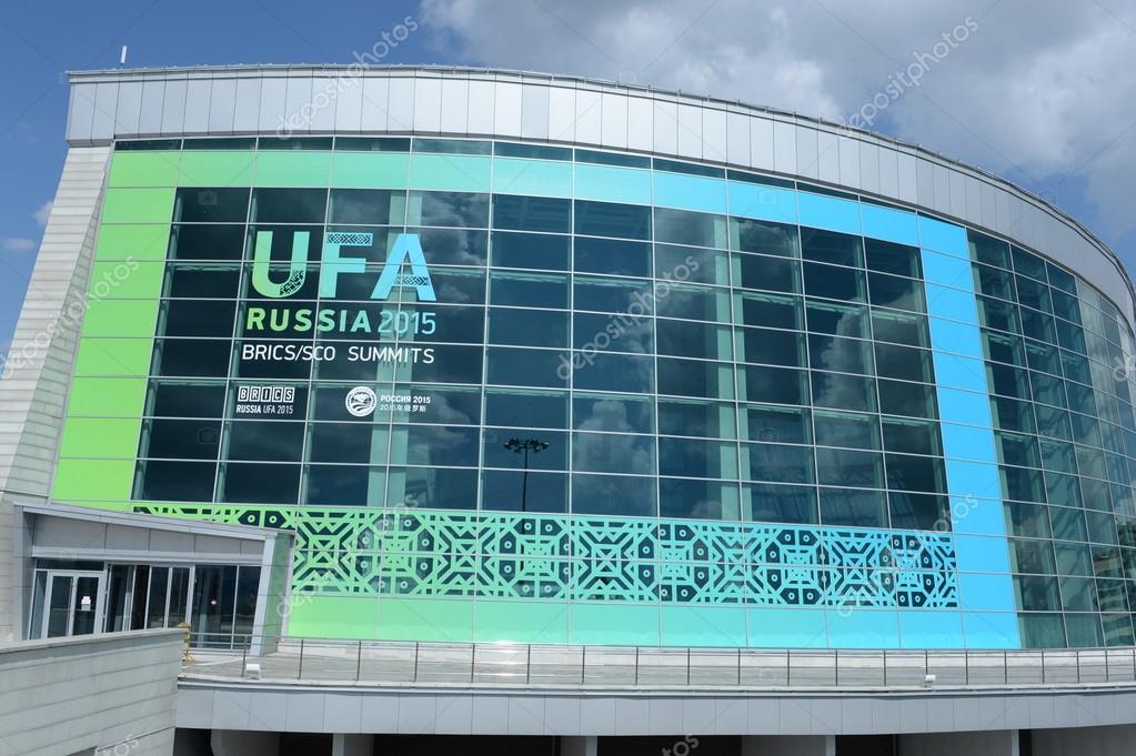 UFA, RUSSIA - JUN 25, 2015: Congress Hall complex with a logo of the summit of the SCO and BRICS held in Ufa 8-10 July 2015