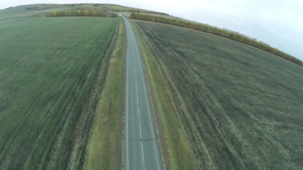 Luchtfoto. Bochtige wegen, snelweg in de herfst. Snelweg M7 "Volga" Moskou - Ufa, Rusland (E 22) — Stockvideo