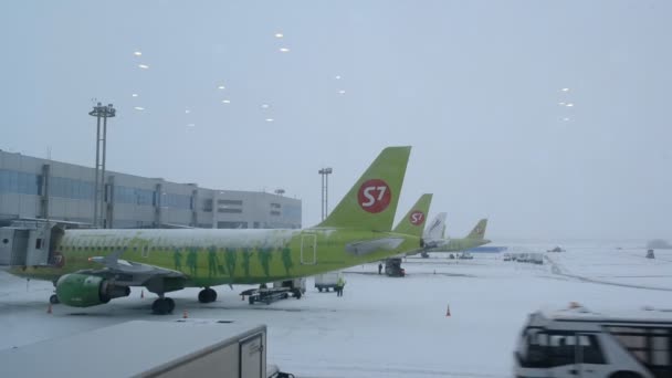 МОСКВА, РОССИЯ-25 января 2014 г.: Международный аэропорт Домодедово. Аэродром, снег — стоковое видео