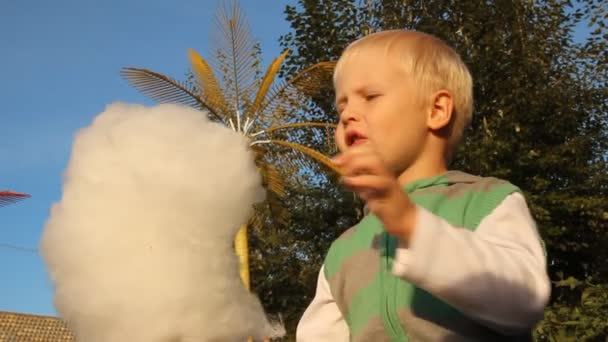 Mały chłopiec blond jedzenia waty cukrowej — Wideo stockowe