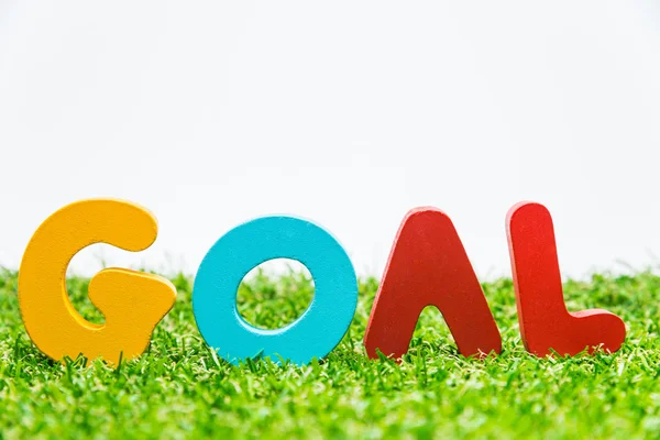 Colorful wooden word GOAL on green grass with white background and selective focus — Stock Photo, Image