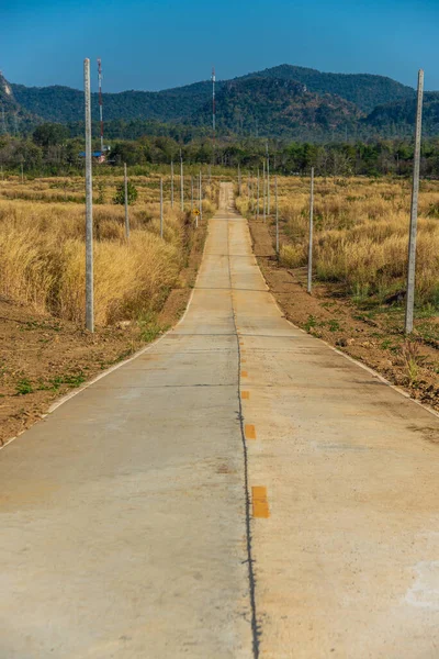 真っ青な空で乾燥した牧草地の草が両側に乾燥した田舎道で熱い温度旅行の概念のアイデア — ストック写真