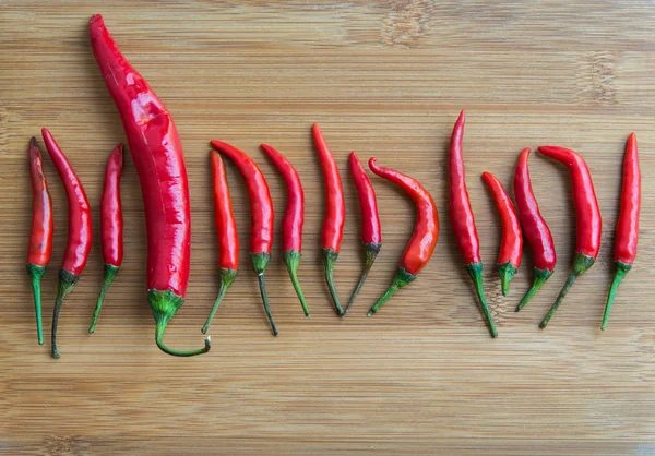 A big Red chilli pepper in small Red chilli pepper on chopping b — Stock Photo, Image