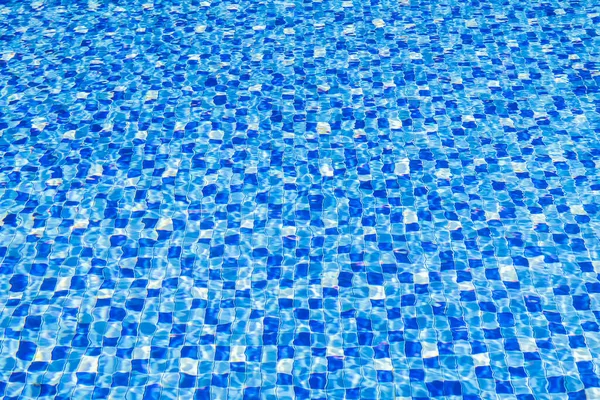 Temiz su ve ışık dalgalarıyla mavi yüzme havuzu fayanslarının soyut görüntüsü. Yazı, tazeliği, rahatlığı, rahatlığı ve tasarım dokusunu temsil eden temiz su geçmişi