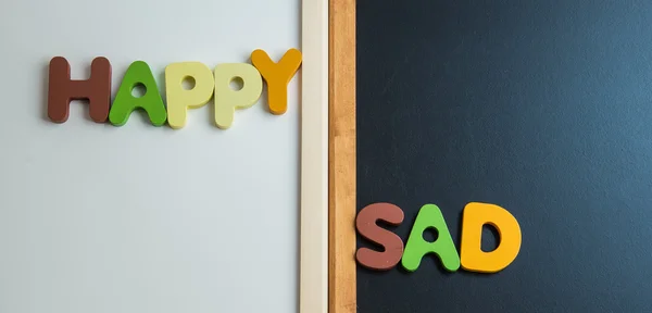 Wooden word HAPPY and SAD on black board and white board — Stock Photo, Image