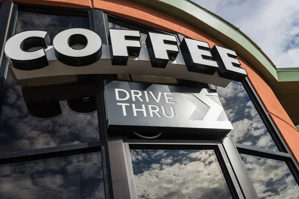 Coffee drive thru sign with reflect from glass window — Stock Photo, Image