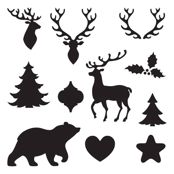 Christmas Silhouettes Forest Animals Reindeer Horns Bear Heart Star Arabesque Vector Graphics