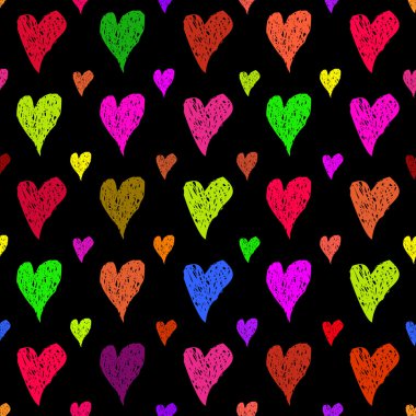 Çizilmiş multycolored kalpler siyah arka plan sorunsuz patt adlı el