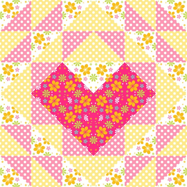Modello patchwork con fiori e cuore — Vettoriale Stock