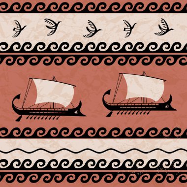 Ornamental pattern with birds and ships ancient Greek style clipart