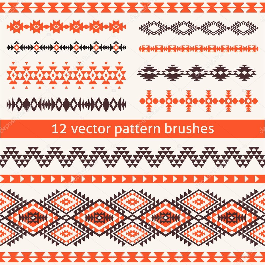 Set of ethnic navajo style vector pattern brushes. Geometric borders, templates for your design. All used brushes included.