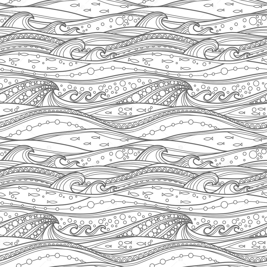 Reticolo senza giunte di onde di mare Per disegni da colorare sfondi tessuto riempimento di pagina e altro — Vettoriali di Irmairma