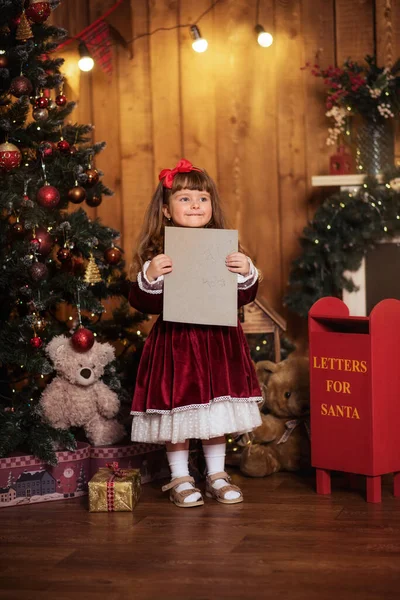 Little Girl Sending Letter Santa Room Christmas Decorations — Stock Photo, Image