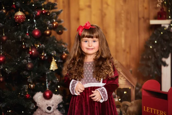 Little Girl Christmas Decorations Home — Stock Photo, Image
